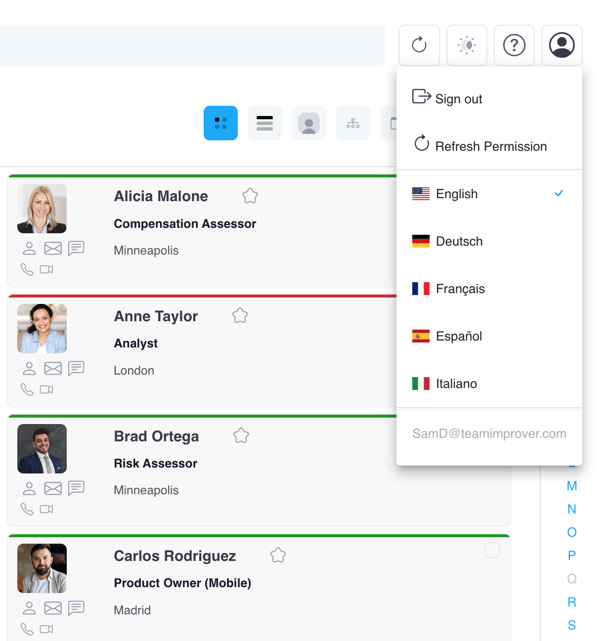 TeamDirectory language selection menu